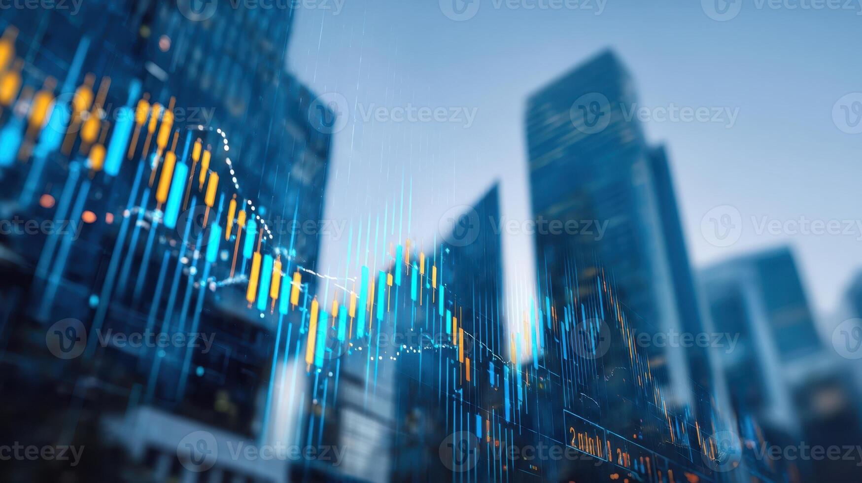 The dynamic stock market graph overlaid on a modern city skyline. photo