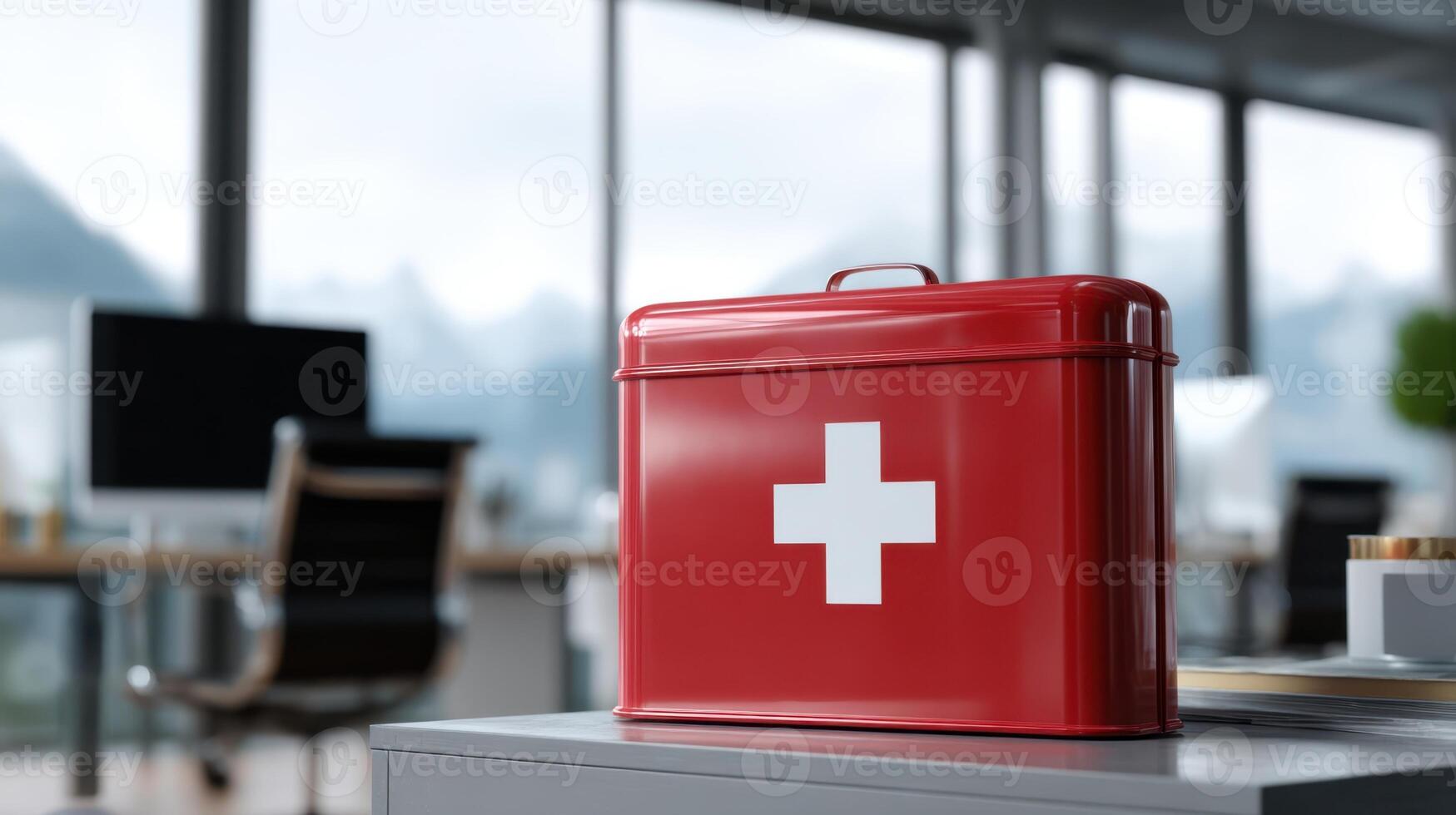 The vibrant red first aid kit against a modern office backdrop photo