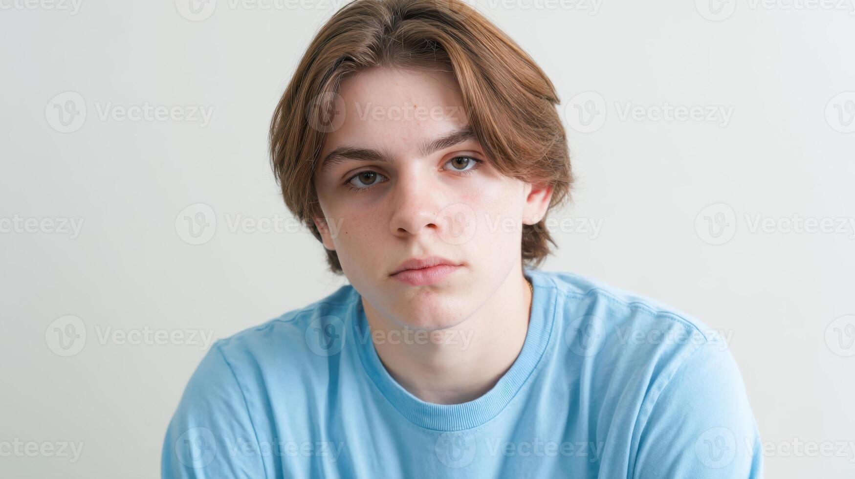 The young man with serious expression in a casual blue shirt photo