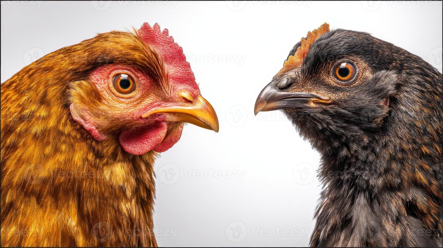 The close-up portrait of two distinct chicken breeds showcasing their unique features photo