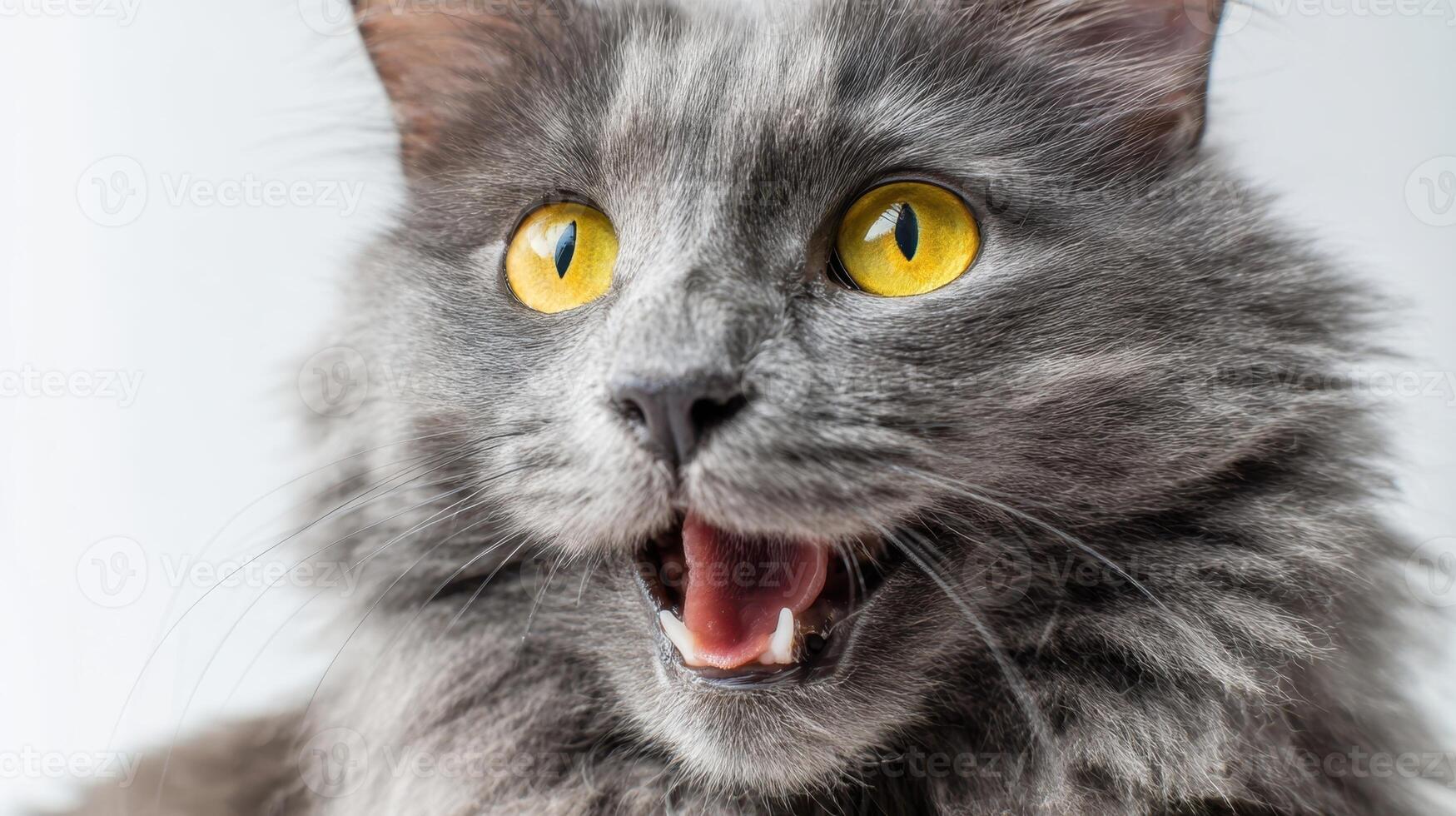 The adorable gray cat with striking yellow eyes expressing surprise and joy. photo