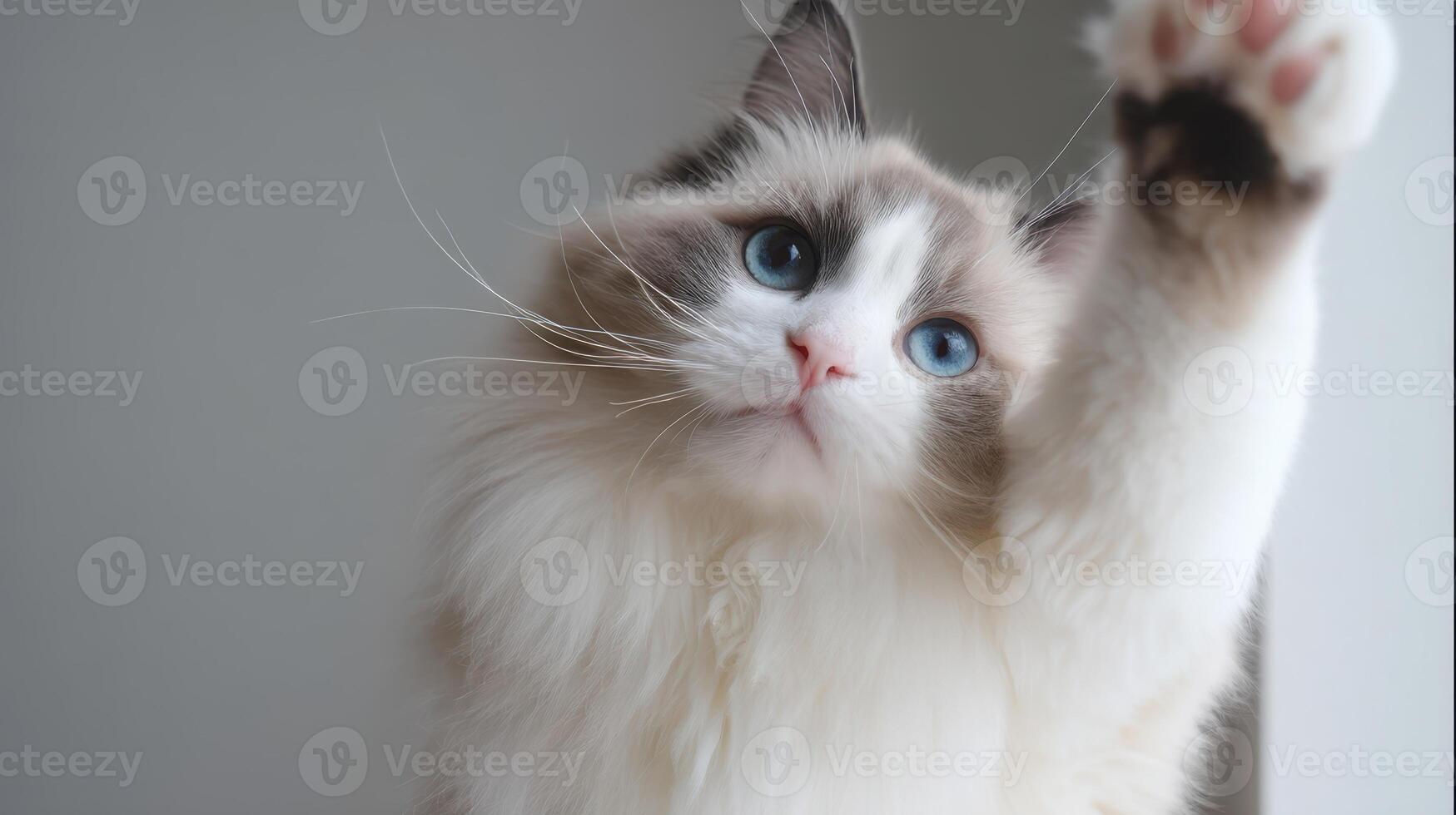 The adorable cat raising its paw in a playful gesture indoors. photo