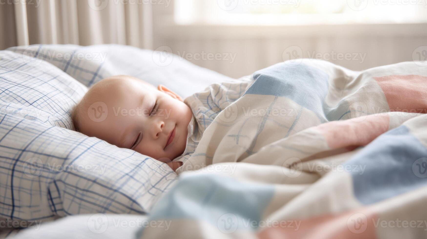 The sleeping baby nestled comfortably under a soft, colorful blanket. photo