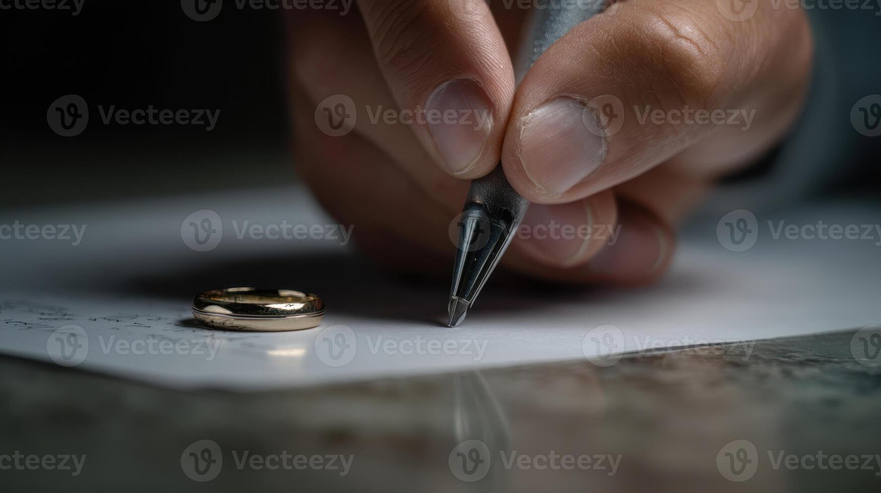 The elegant hand writing a heartfelt message alongside the wedding ring. photo
