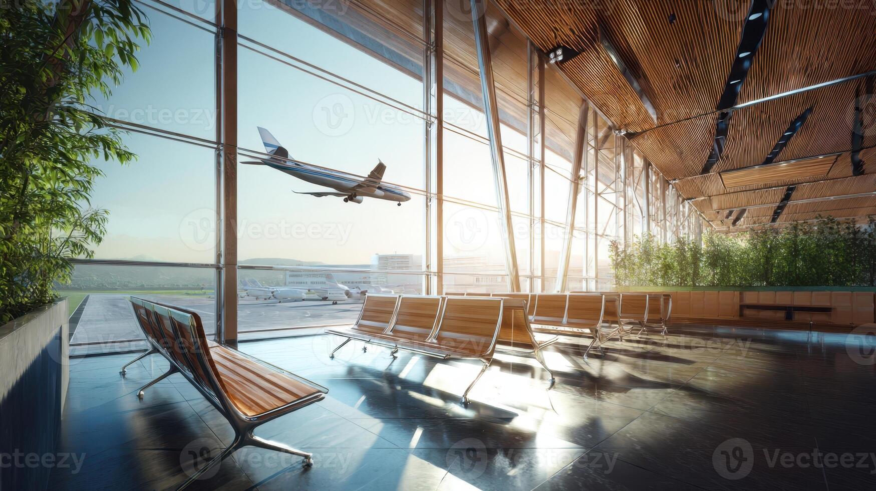 The Modern Airport Terminal with Airplane Taking Off at Sunrise photo