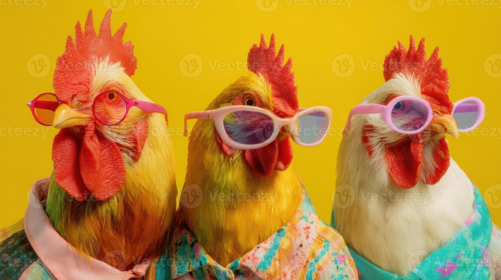The colorful roosters sporting trendy sunglasses and vibrant attire. photo