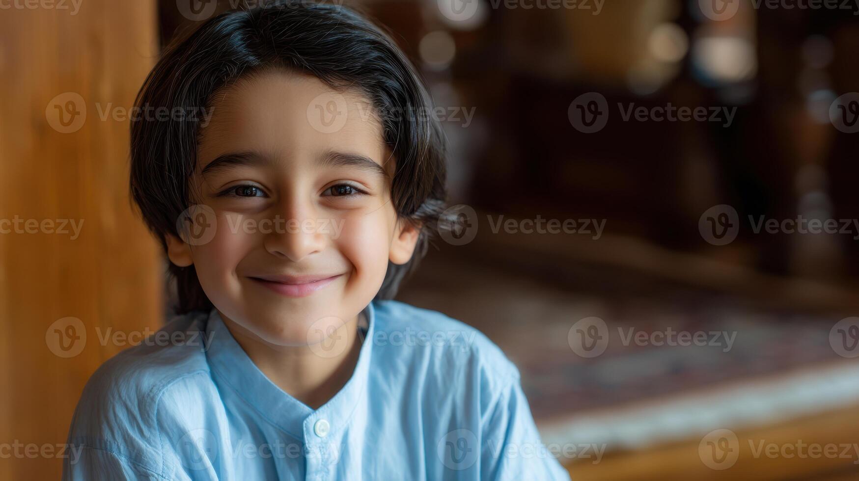 The cheerful boy with a warm smile enjoying a moment at home. photo