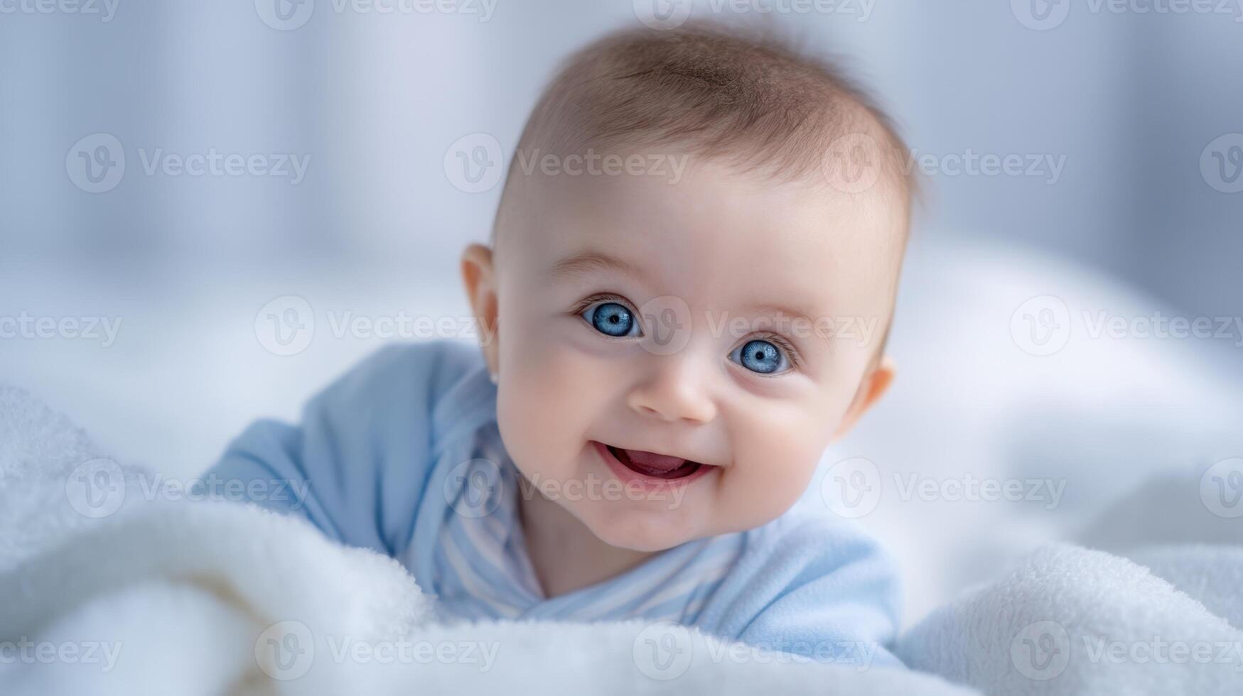 The joyful baby beaming with happiness on a soft blanket photo