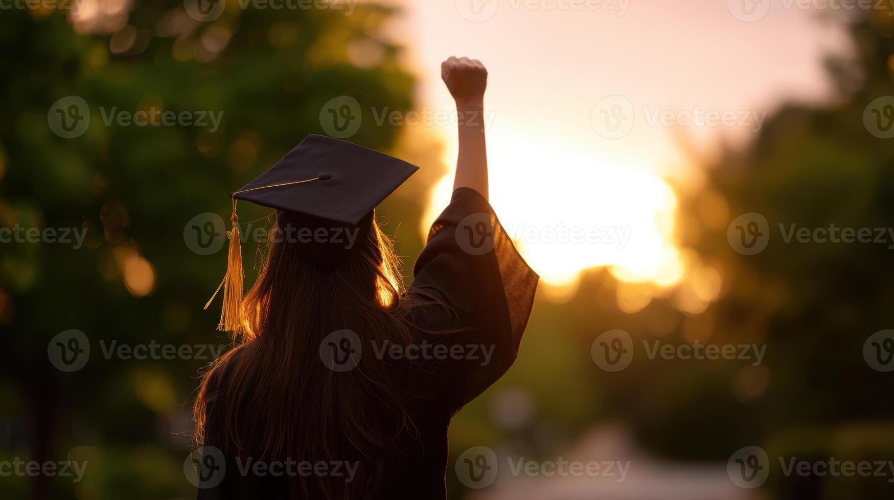 The graduate celebrating success against a stunning sunset backdrop. photo