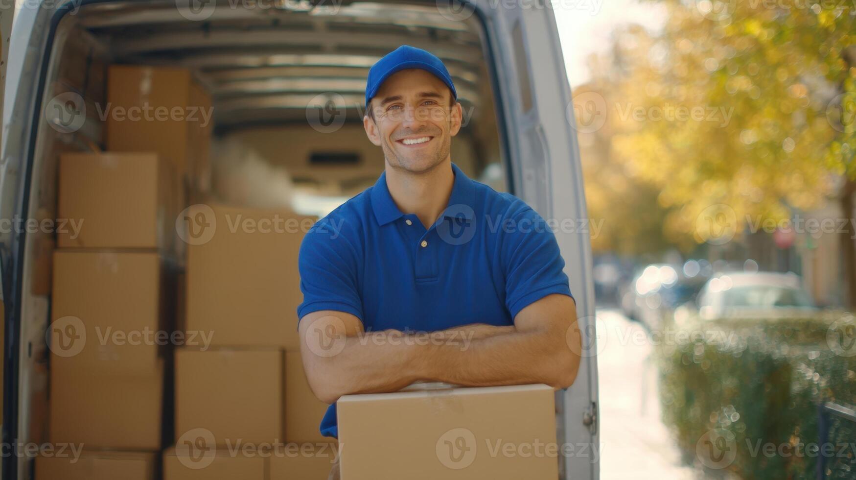 The delivery worker smiles confidently in front of his cargo van filled with boxes. photo