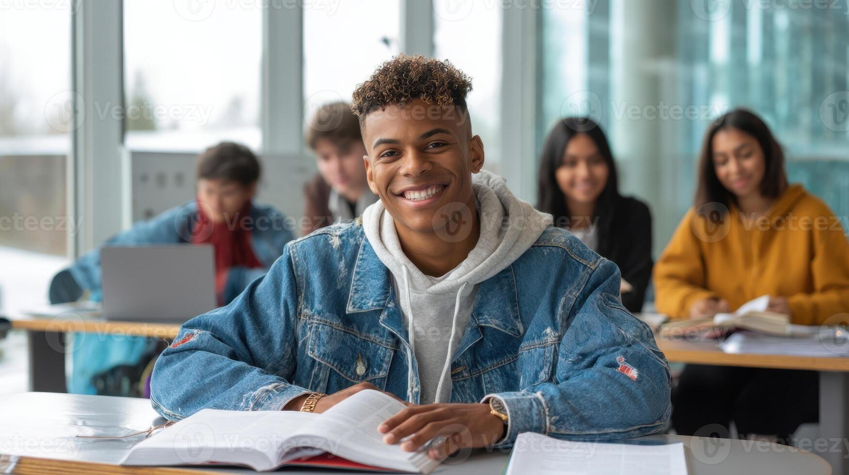 The engaged student smiling confidently in a vibrant learning environment. photo