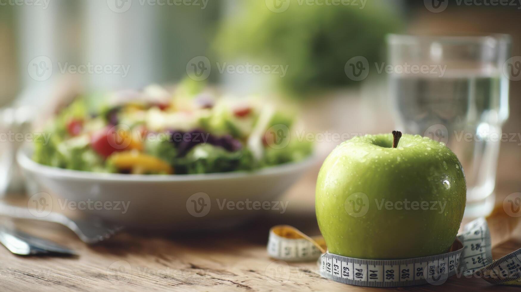 The fresh green apple beside a vibrant salad and glass of water photo