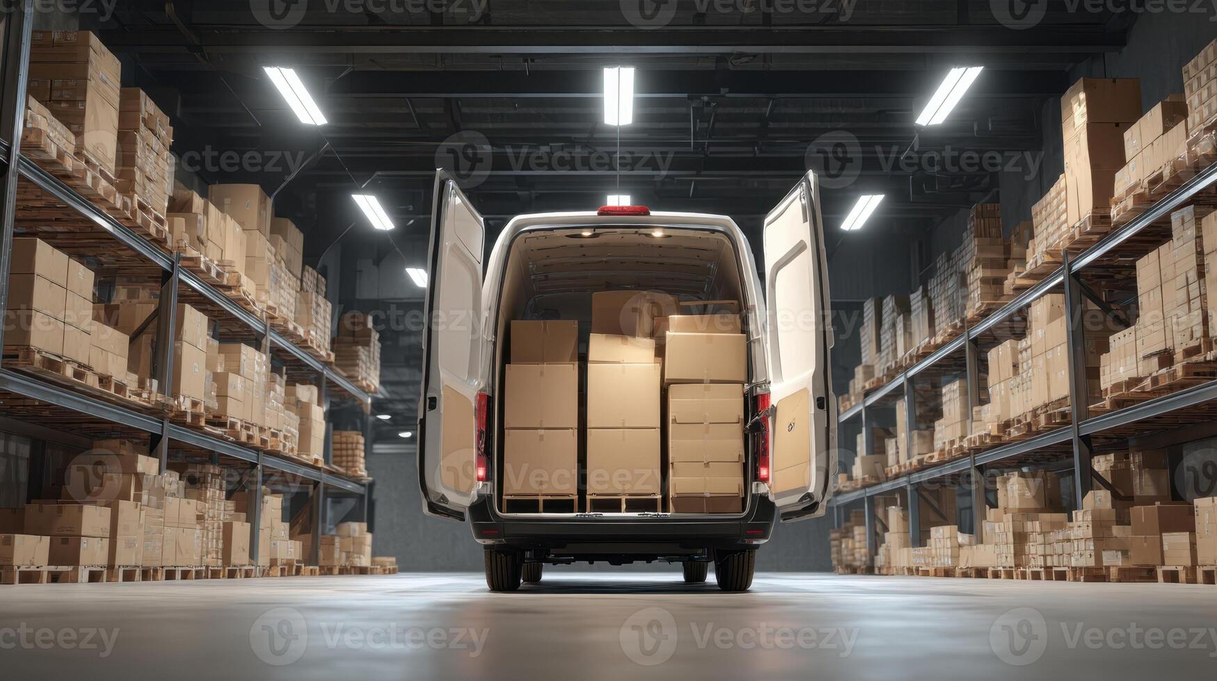 The delivery van in a warehouse filled with neatly stacked boxes. photo