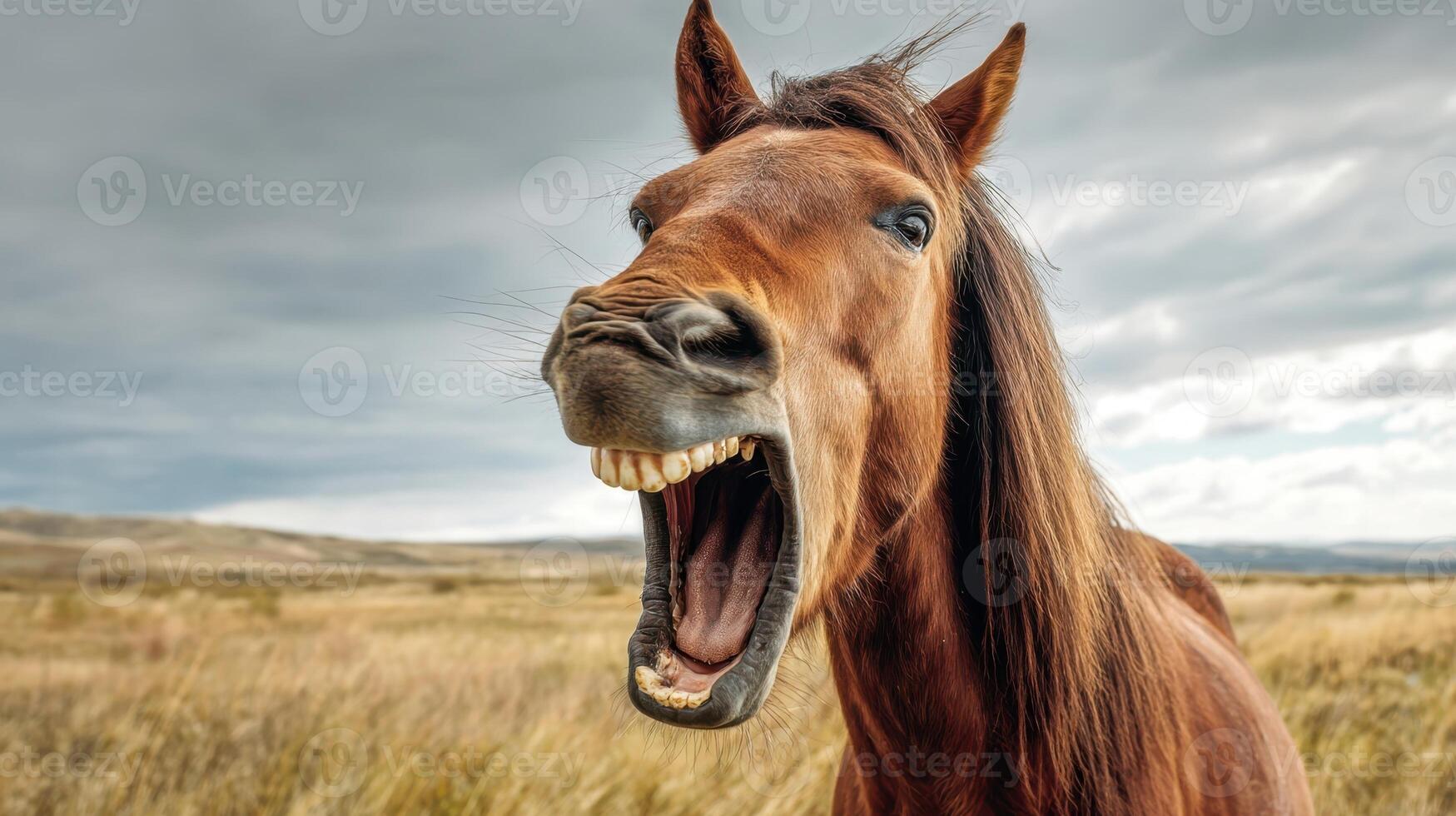 The horse roaring joyfully in a vibrant, open landscape under a cloudy sky. photo