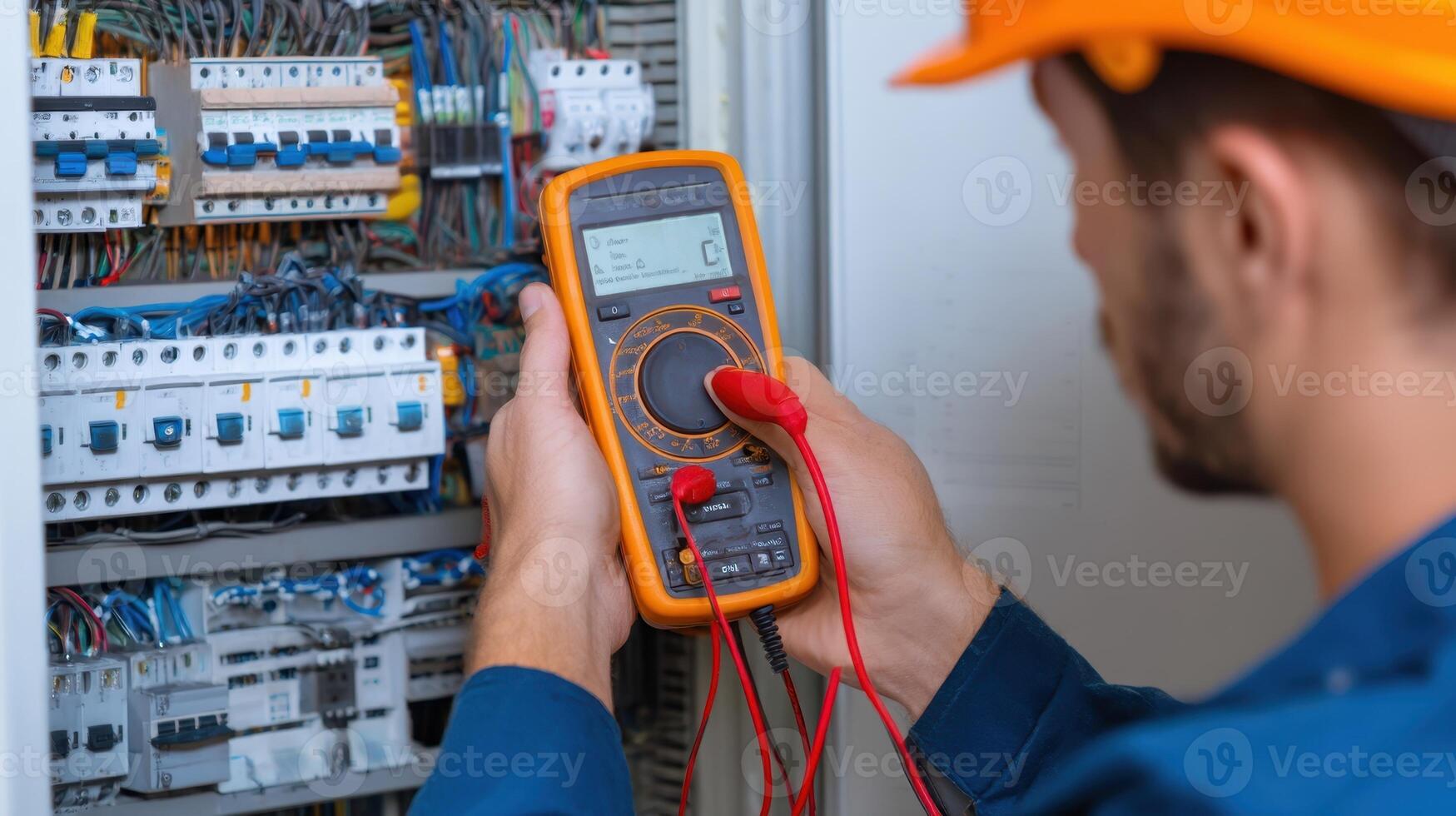 The technician using a multimeter to test electrical circuits in a control panel. photo