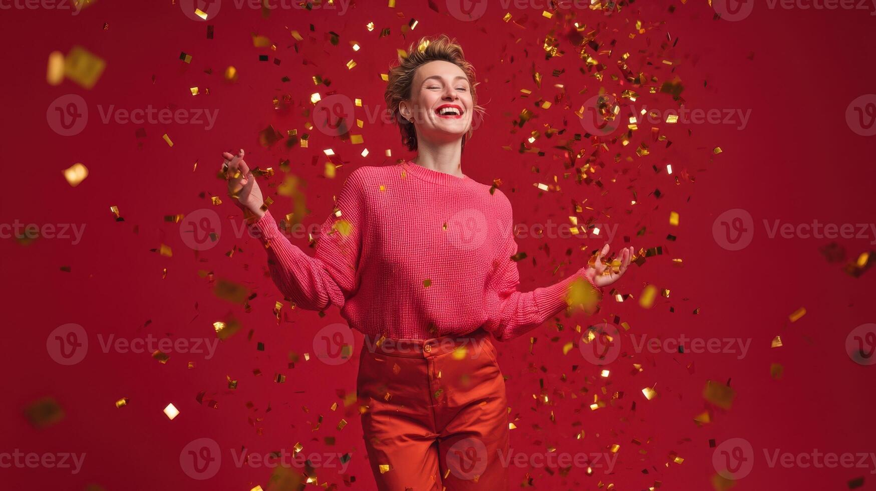 A woman in a pink sweater is surrounded by confetti photo