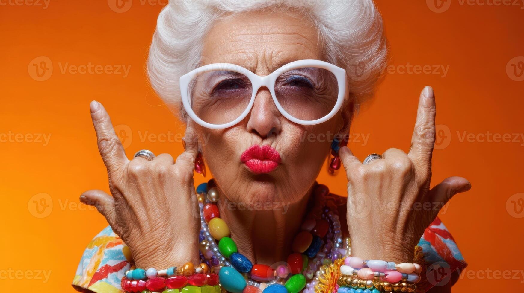The vibrant elderly woman showcasing bold fashion and a playful spirit. photo