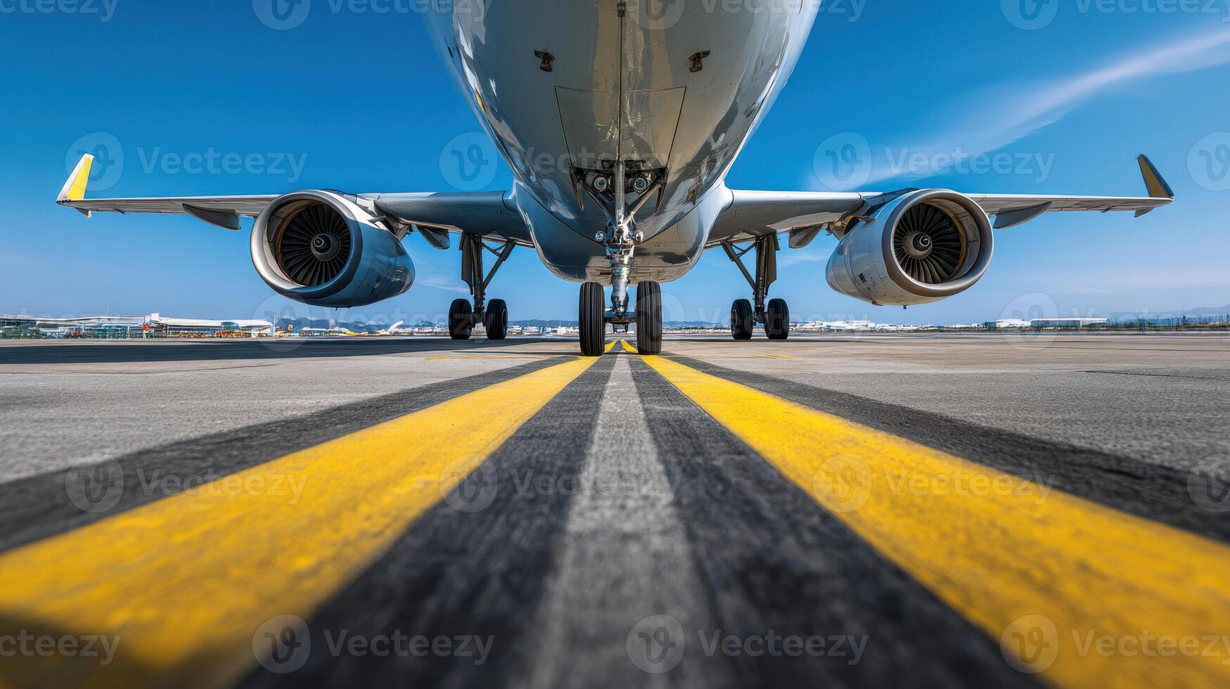 The airplane poised for takeoff on a sunny runway beneath a clear blue sky. photo
