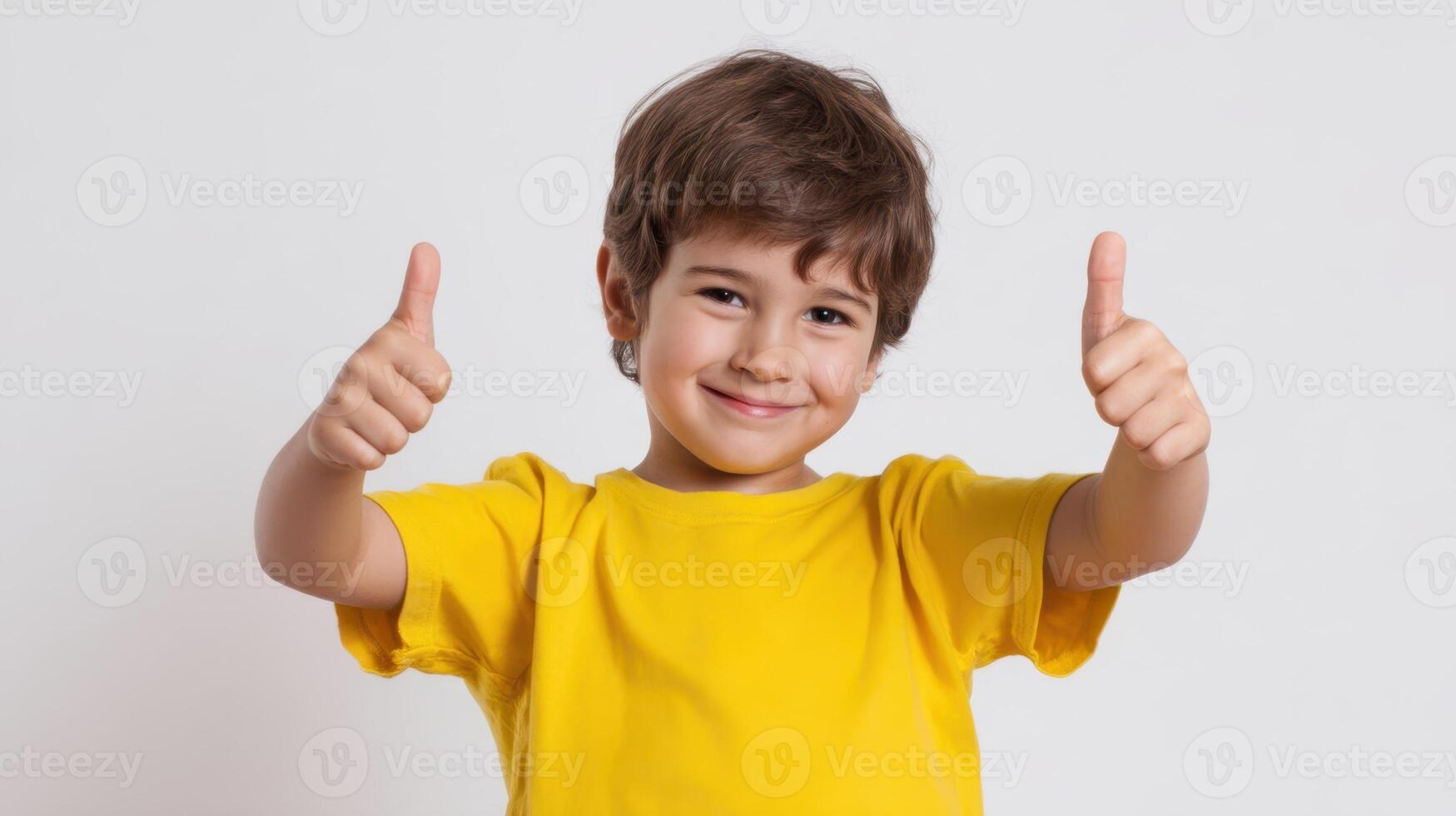 The cheerful boy giving a thumbs-up with a big smile in a yellow shirt photo