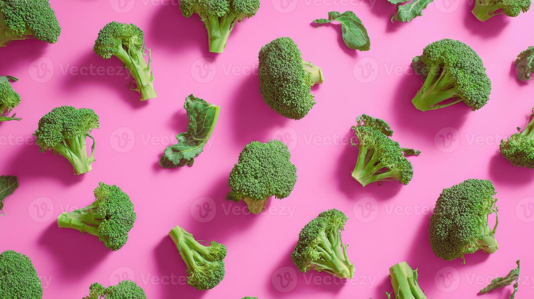The vibrant arrangement of fresh broccoli on a pink background. photo