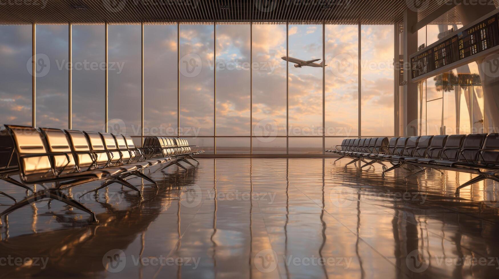 The serene airport terminal with an airplane taking off at sunset. photo