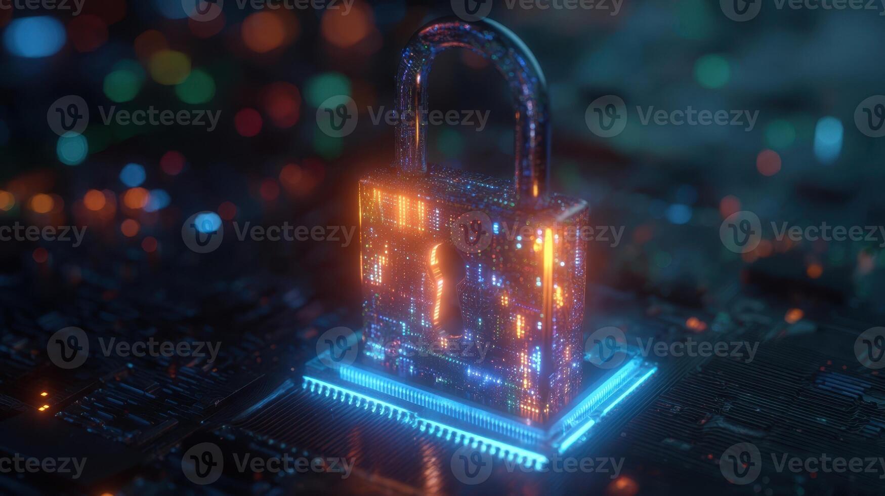 The digital padlock symbolizing cybersecurity on a vibrant circuit board. photo