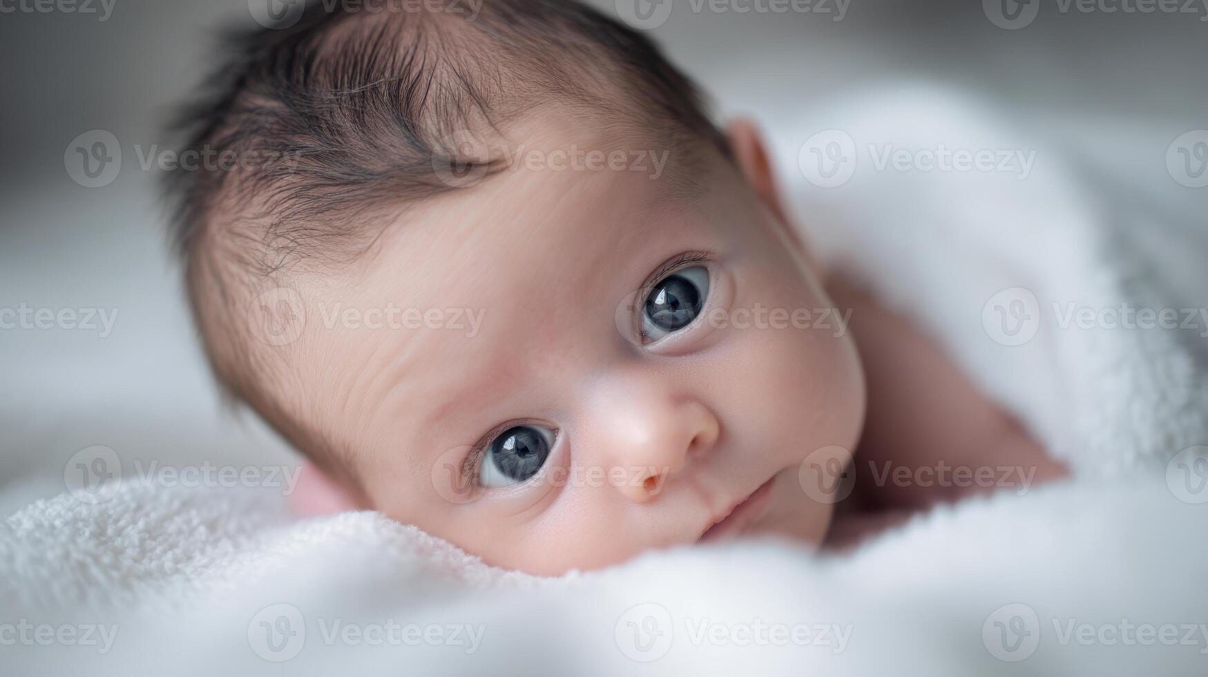 The adorable baby with large expressive eyes wrapped in soft blanket. photo