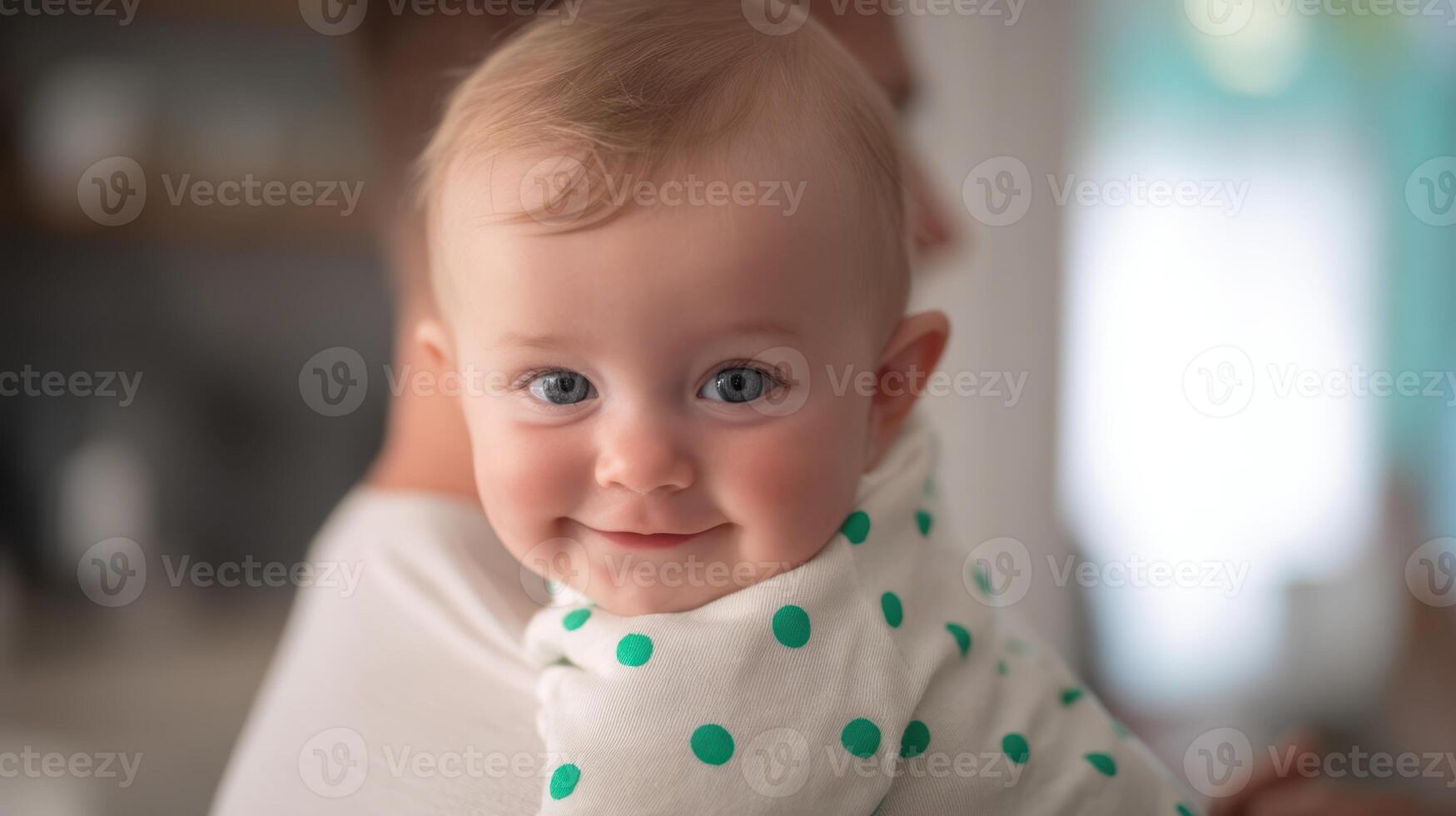 The joyful baby smiling brightly while being held by a parent. photo