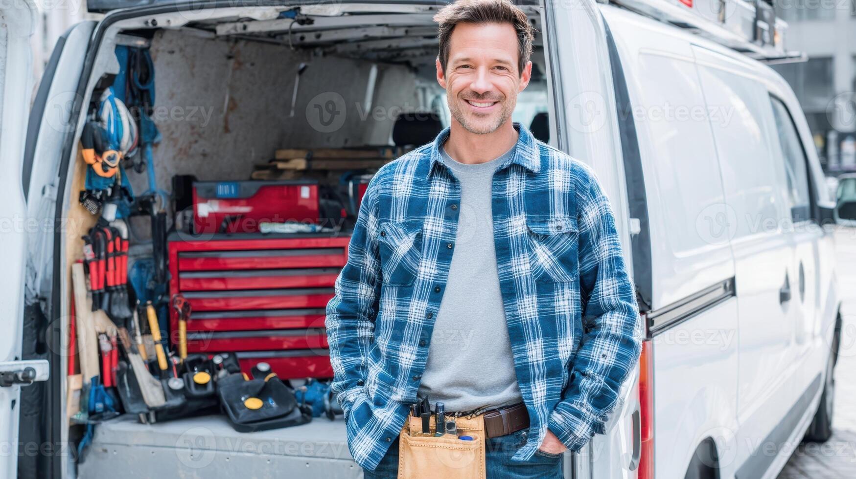 The smiling handyman with tools in a van ready for work. photo