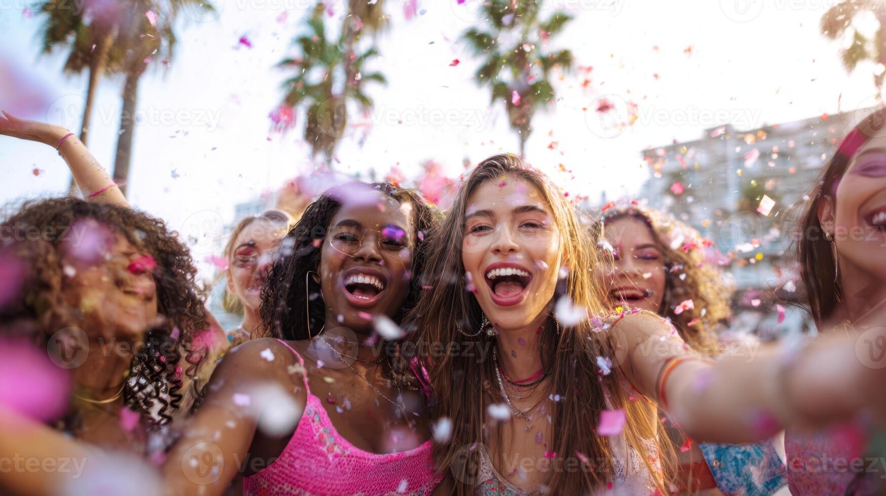 The joyful celebration of friendship amid colorful confetti and vibrant summer vibes. photo