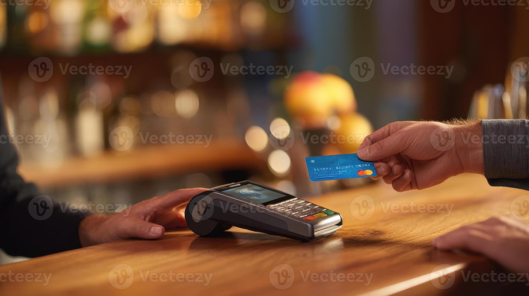 The payment process at a bar with a contactless card transaction. photo