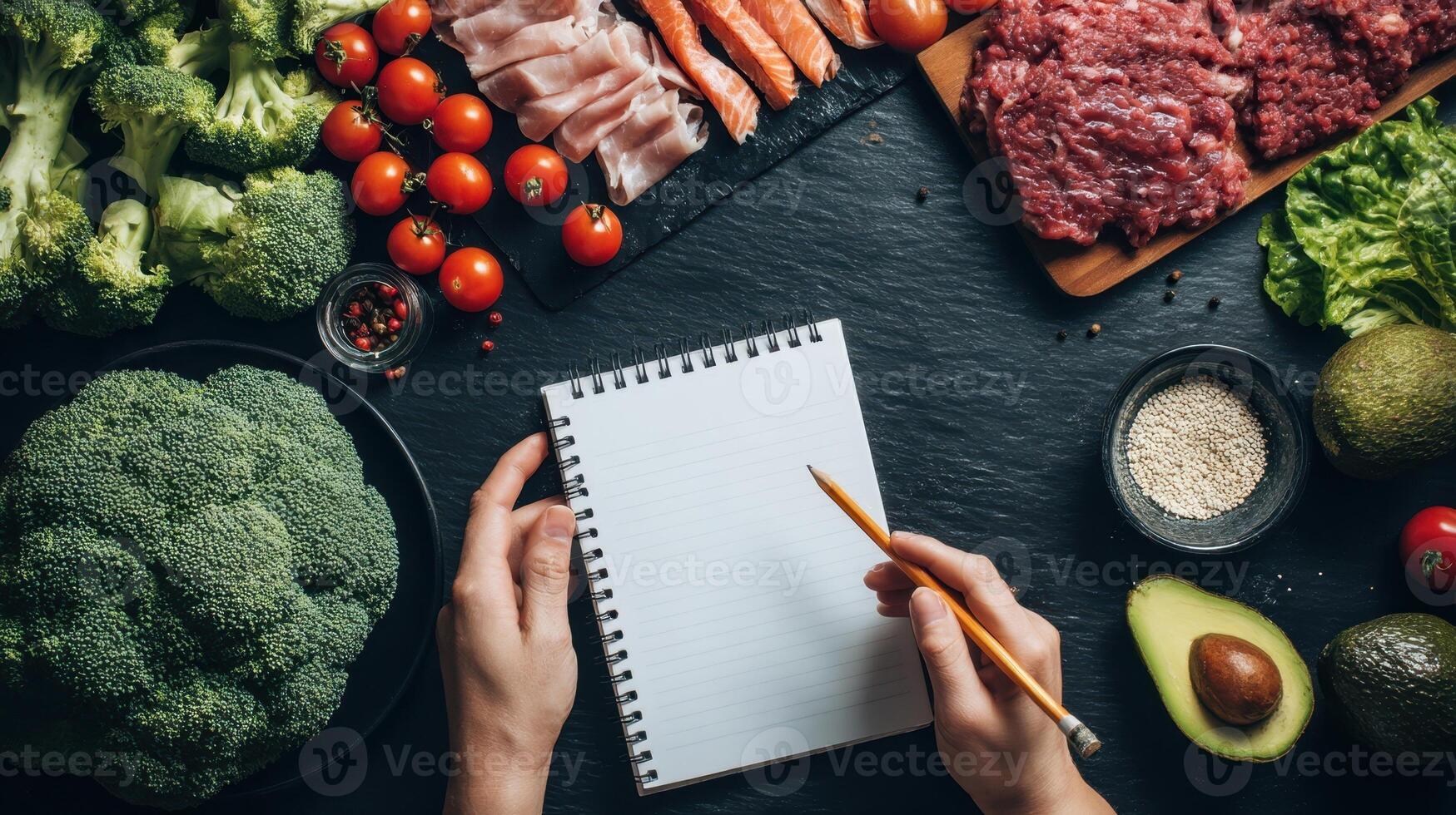 The vibrant ingredients and blank notebook for meal planning and recipe creation. photo