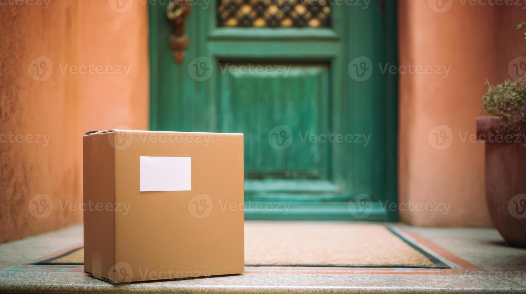 The package rests on the doorstep, awaiting to be opened. photo