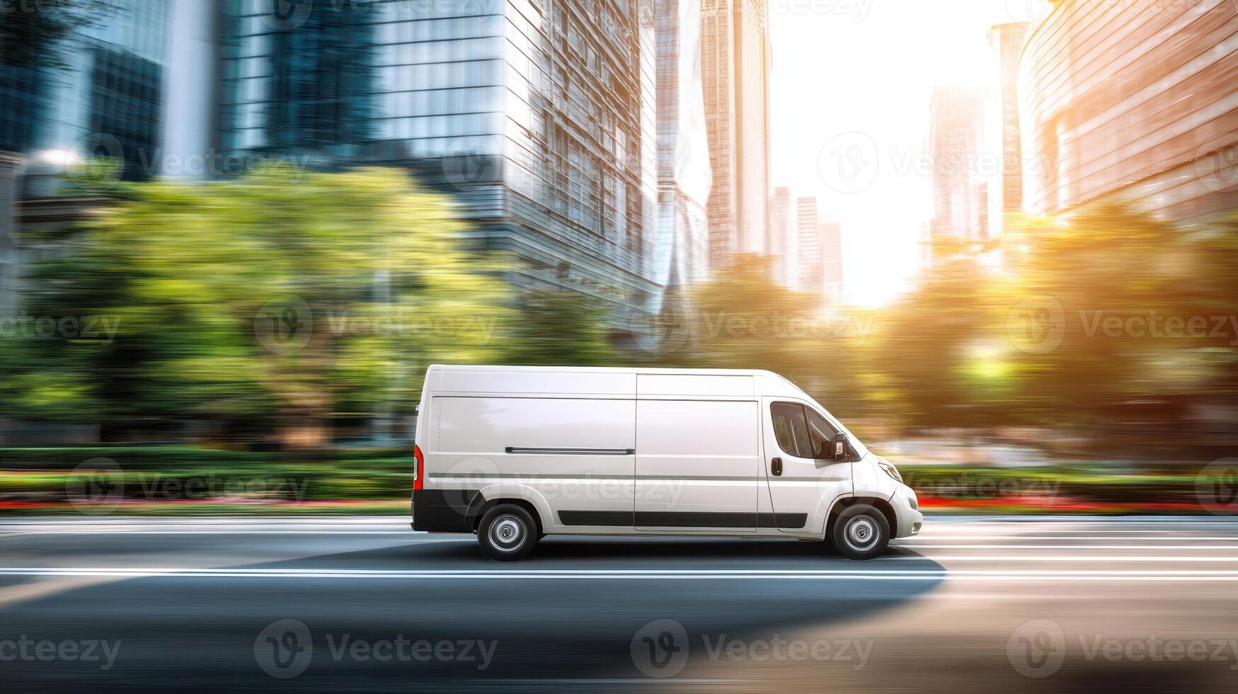 A white van is driving down the street in front of tall buildings photo