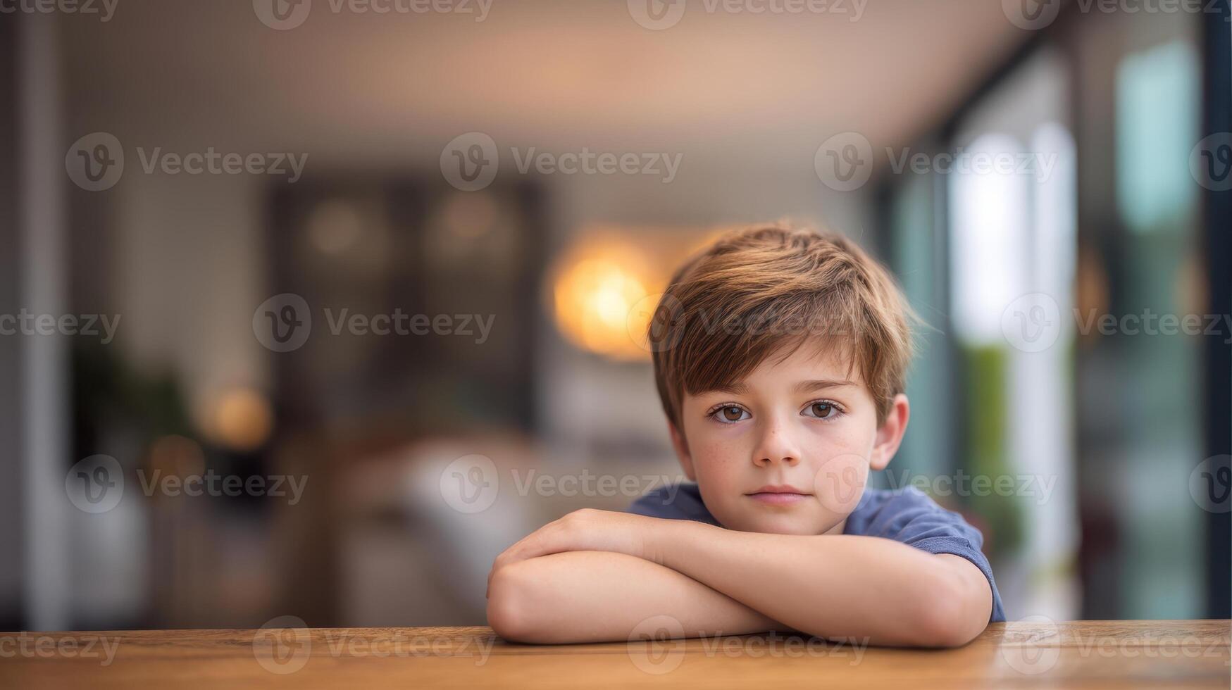The thoughtful boy resting his arms on the table in a cozy home setting. photo
