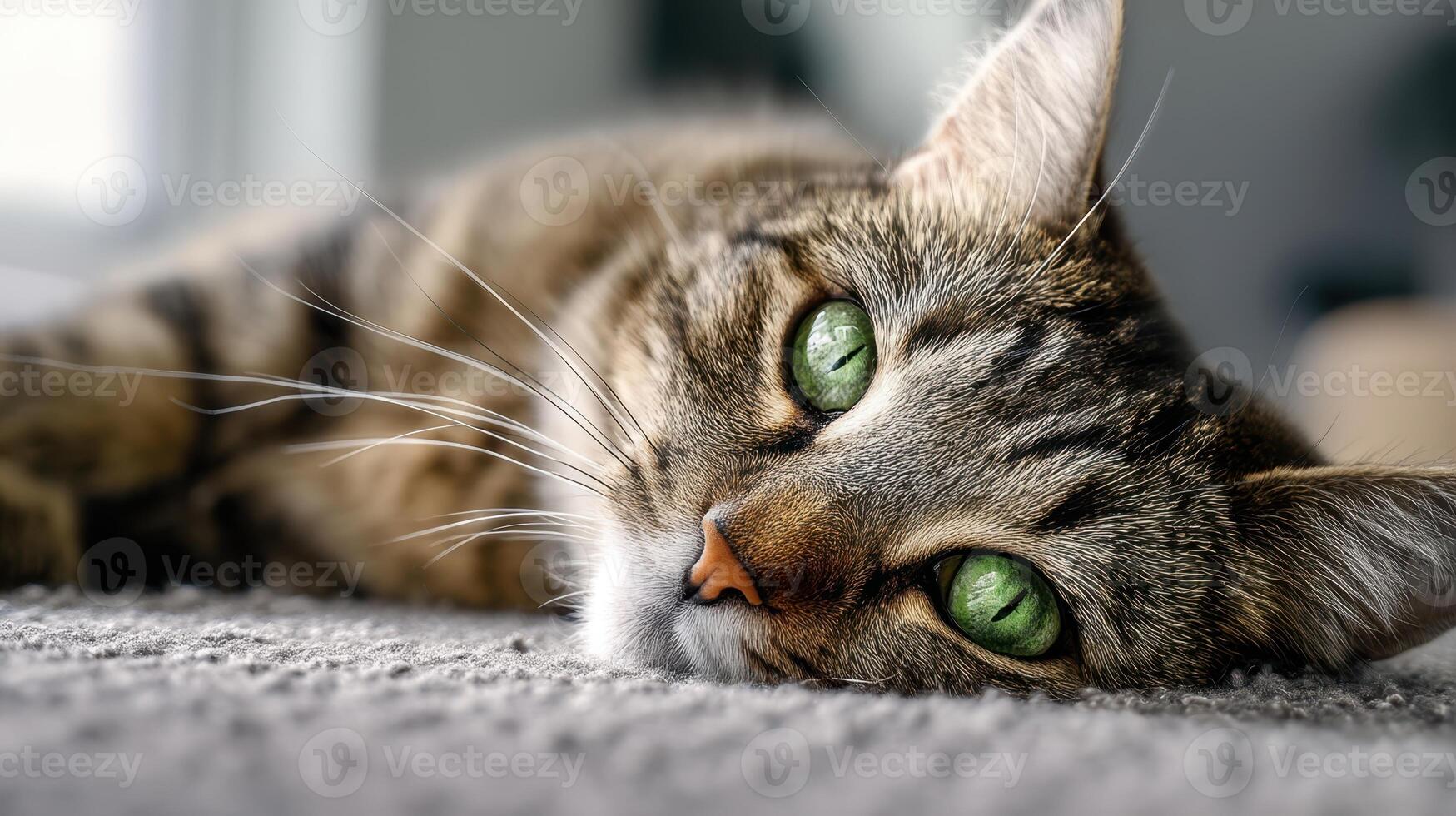 The adorable tabby cat relaxing with captivating green eyes on a soft surface. photo