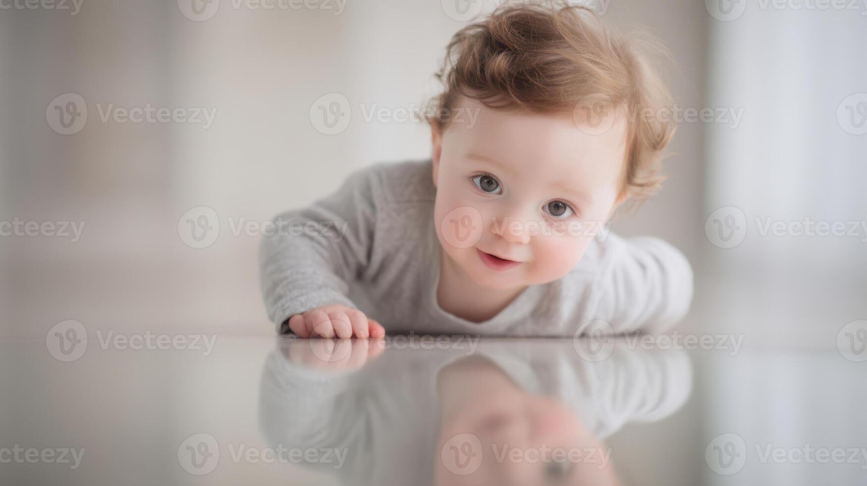 The adorable baby exploring the floor with a charming smile and reflection. photo