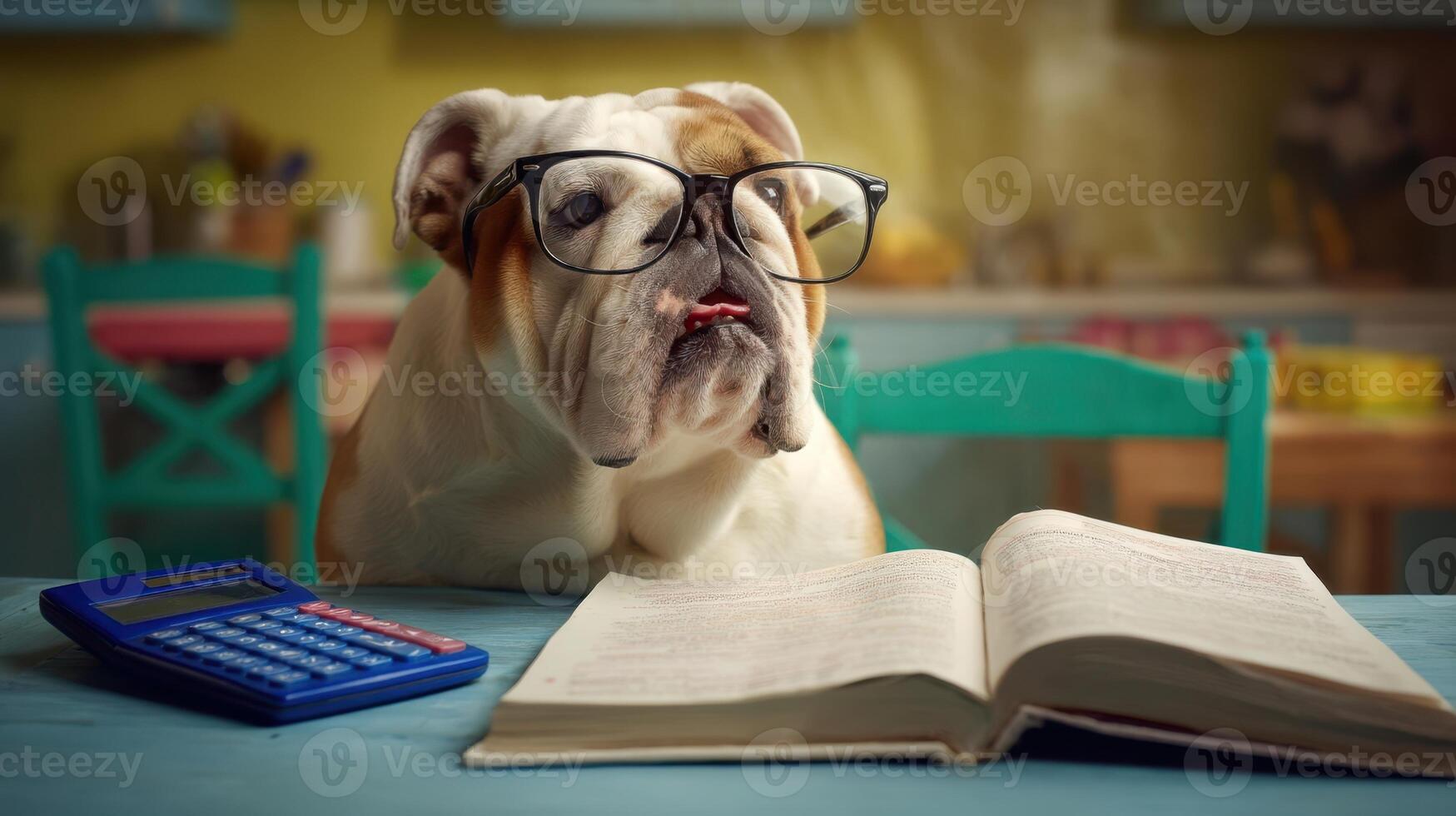 The intelligent bulldog studying an open book with a calculator nearby. photo