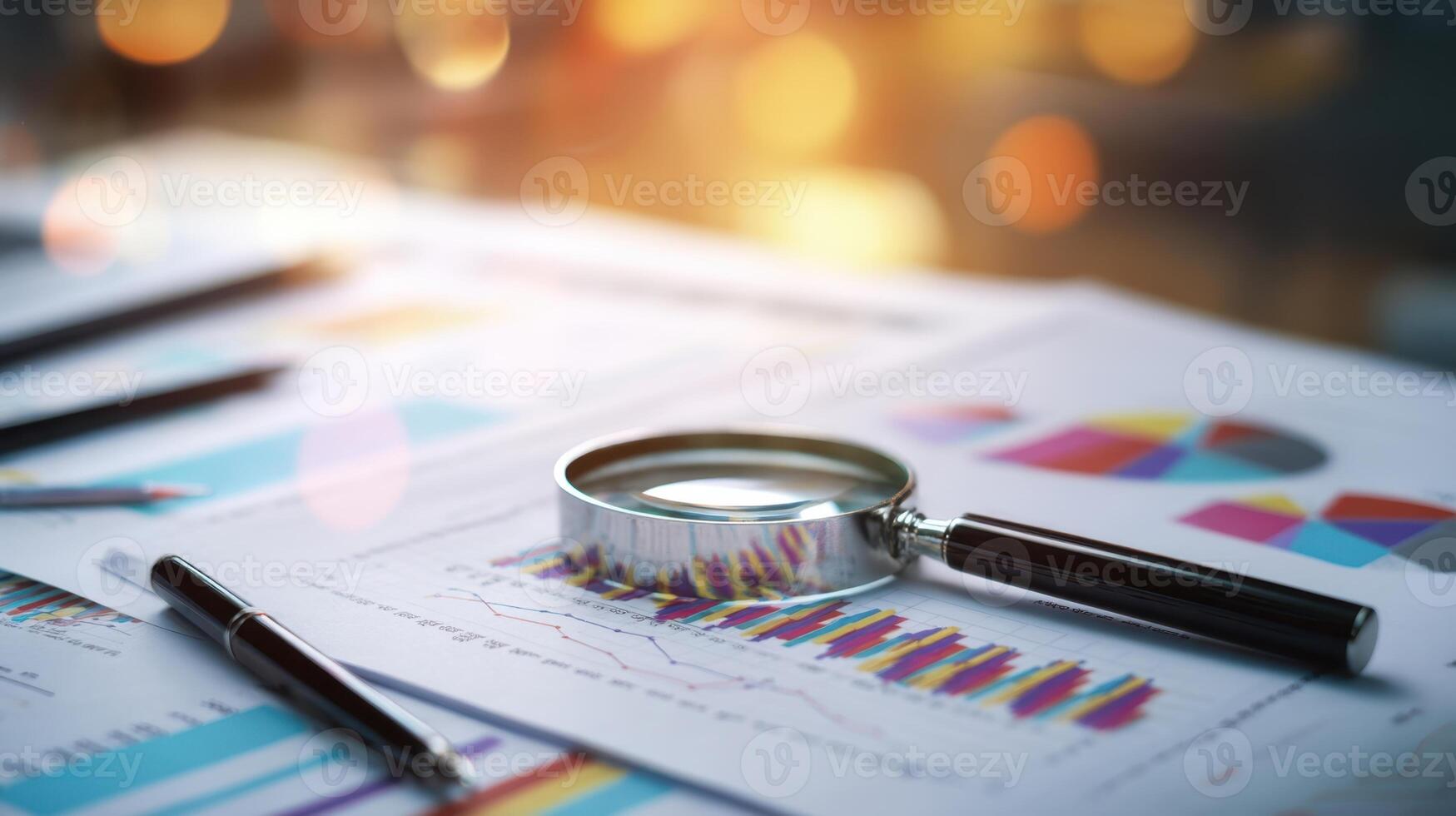 The magnifying glass resting on colorful graphs and charts for data analysis. photo