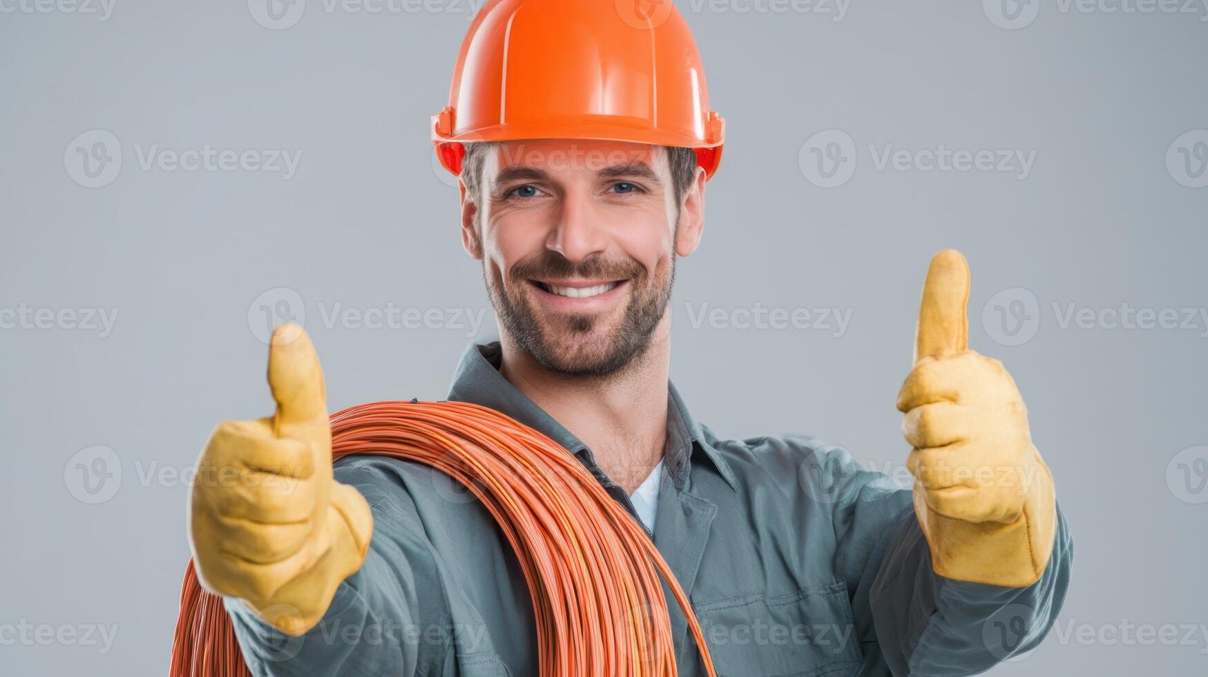 The confident electrician giving a thumbs-up in safety gear and smiling. photo
