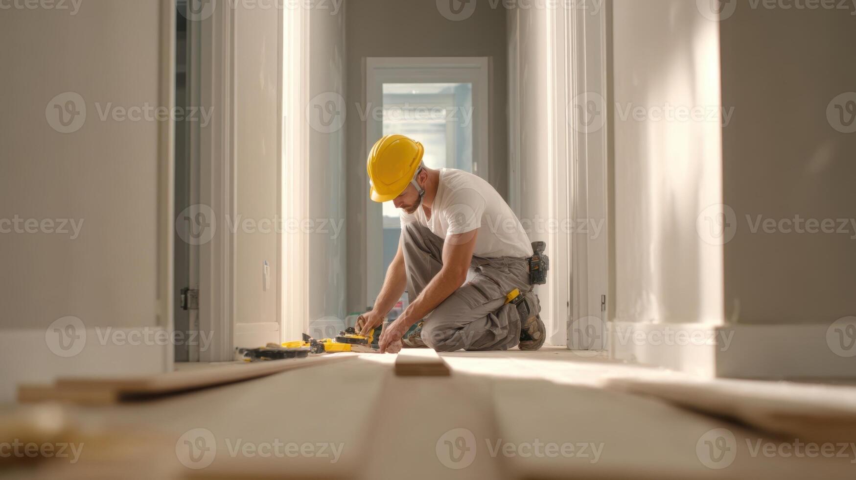 The carpenter skills expertly measure and install flooring in a bright hallway. photo