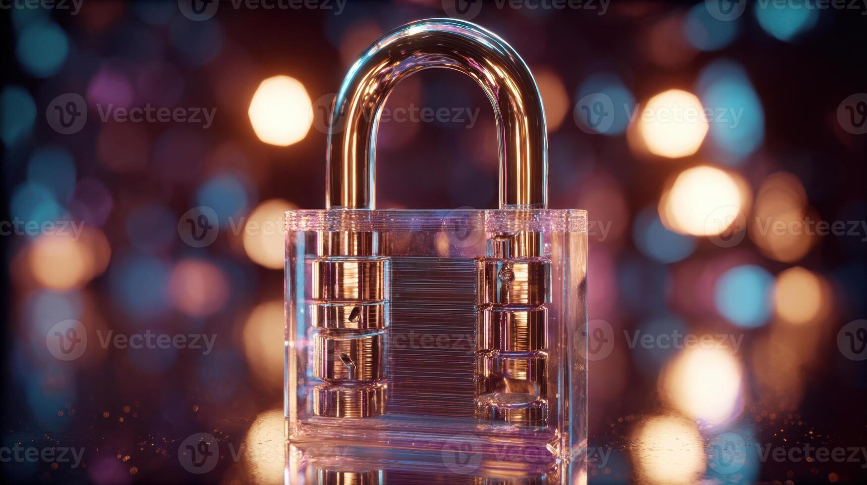 The transparent padlock glistening against a vibrant bokeh background. photo