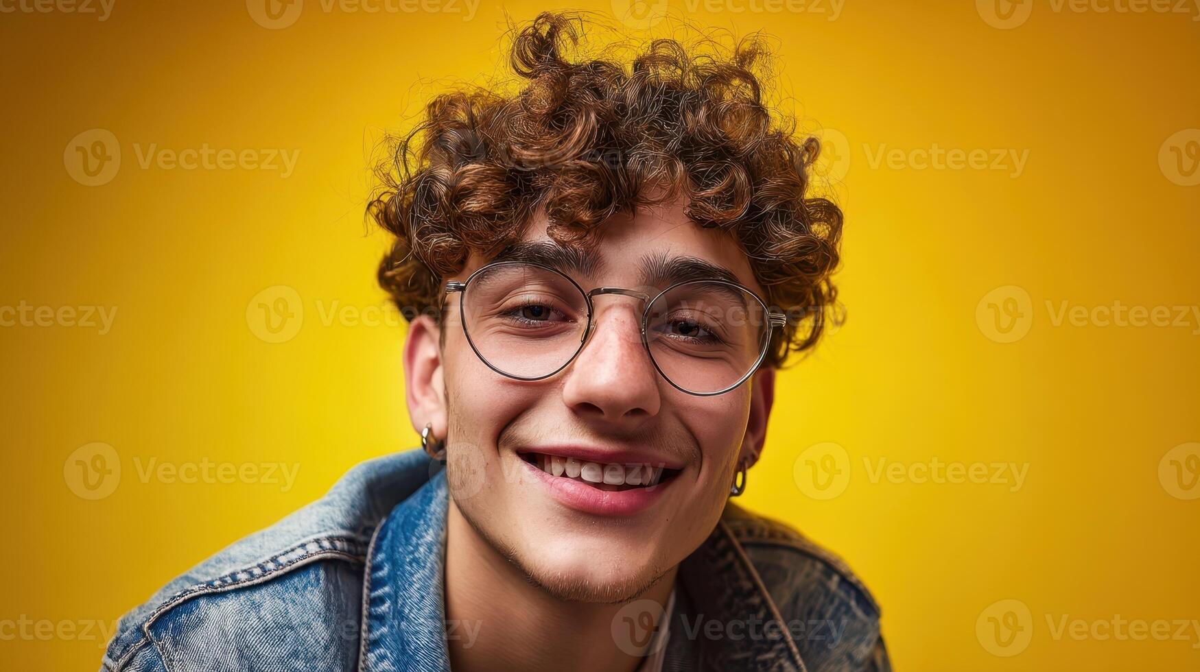 The young man with curly hair smiles brightly against a vibrant yellow background. photo