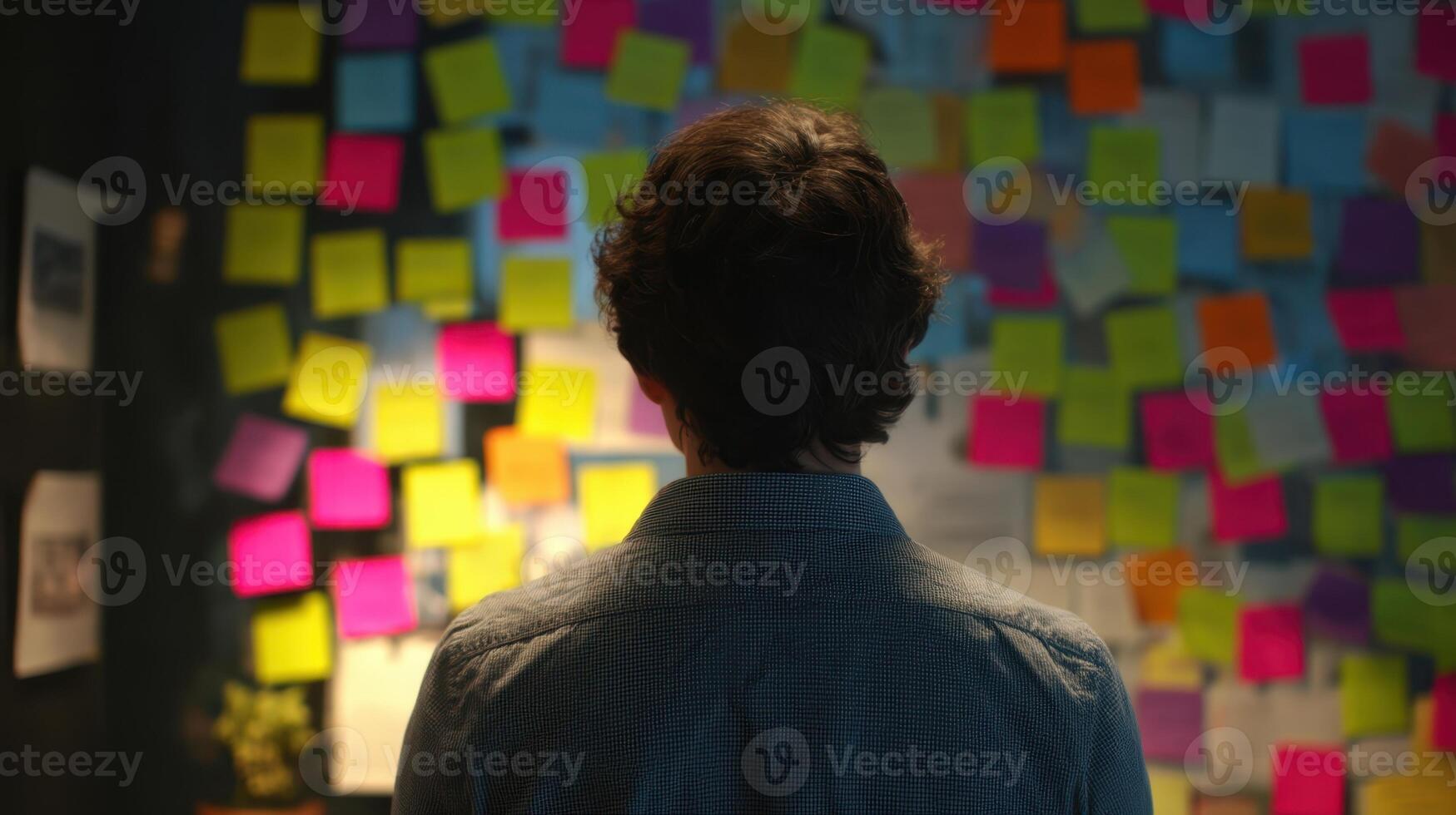 The Man Contemplating Ideas on a Colorful Sticky Note Wall photo