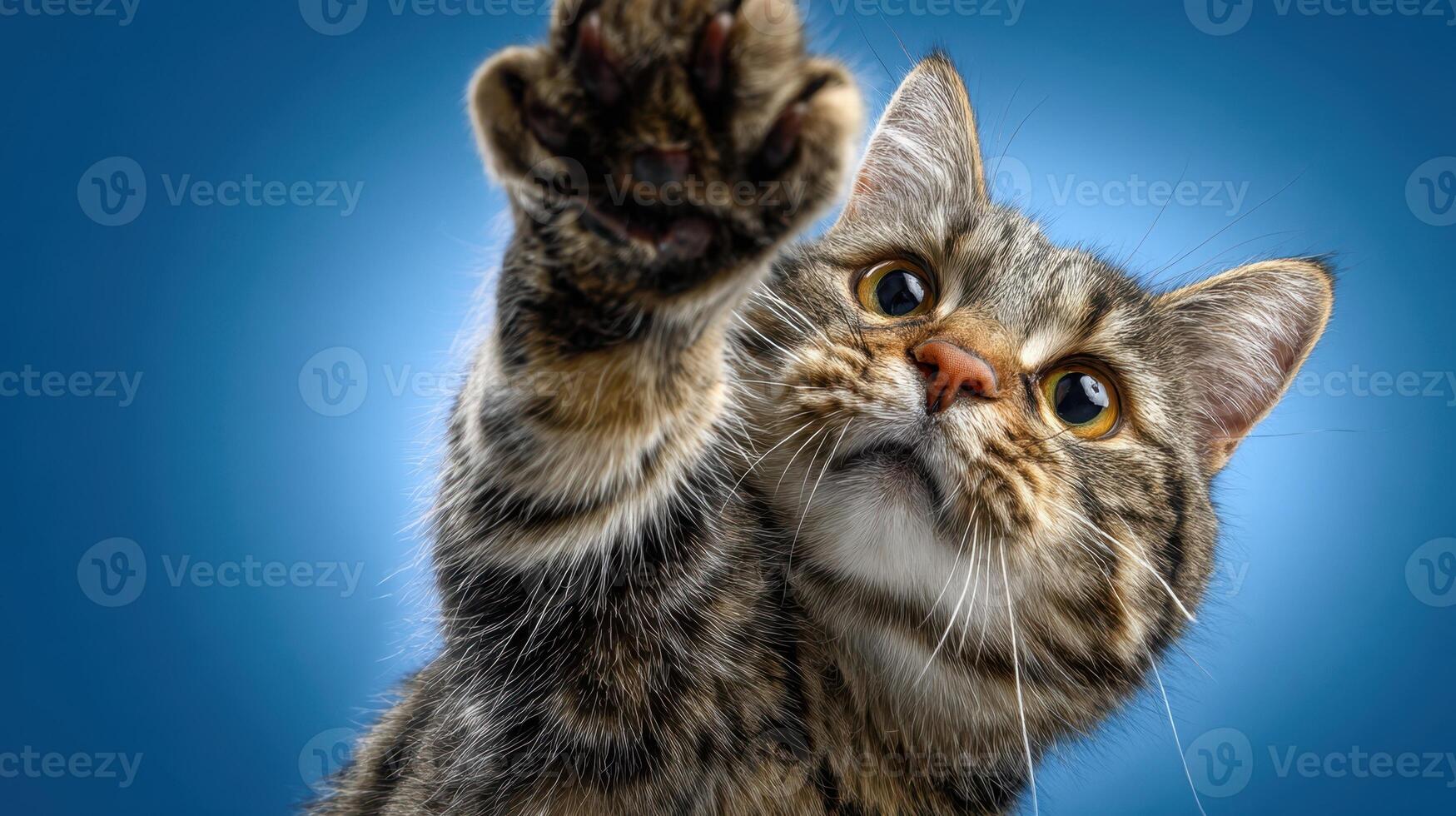 The inquisitive cat reaching out with its playful paw against a blue backdrop. photo