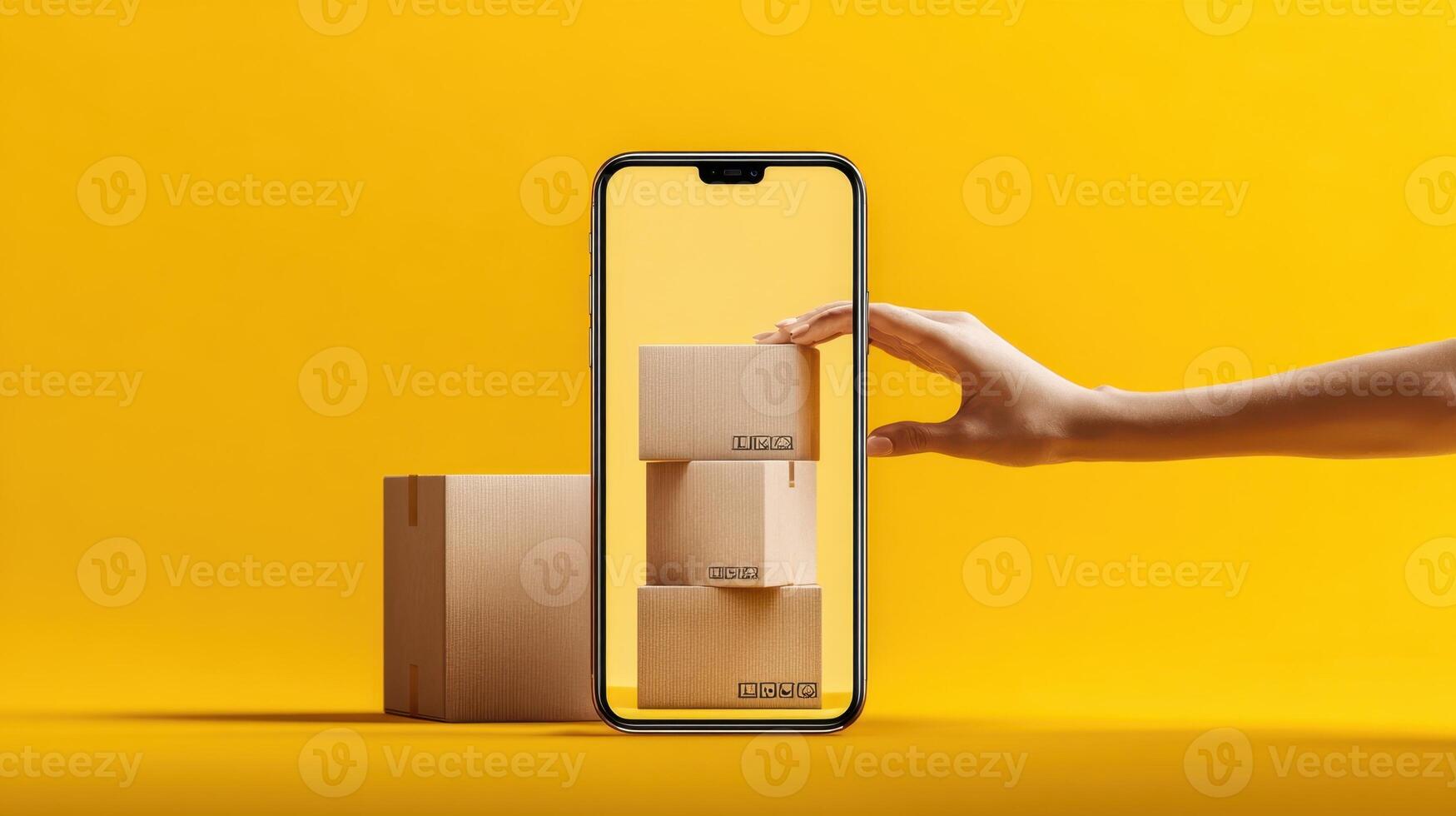 The smartphone displaying stacks of cardboard boxes for online shopping concept. photo
