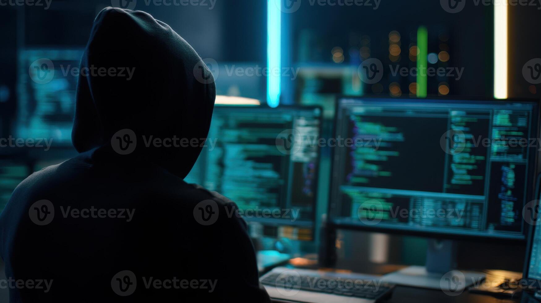 The hooded hacker engaged in intense programming at night. photo