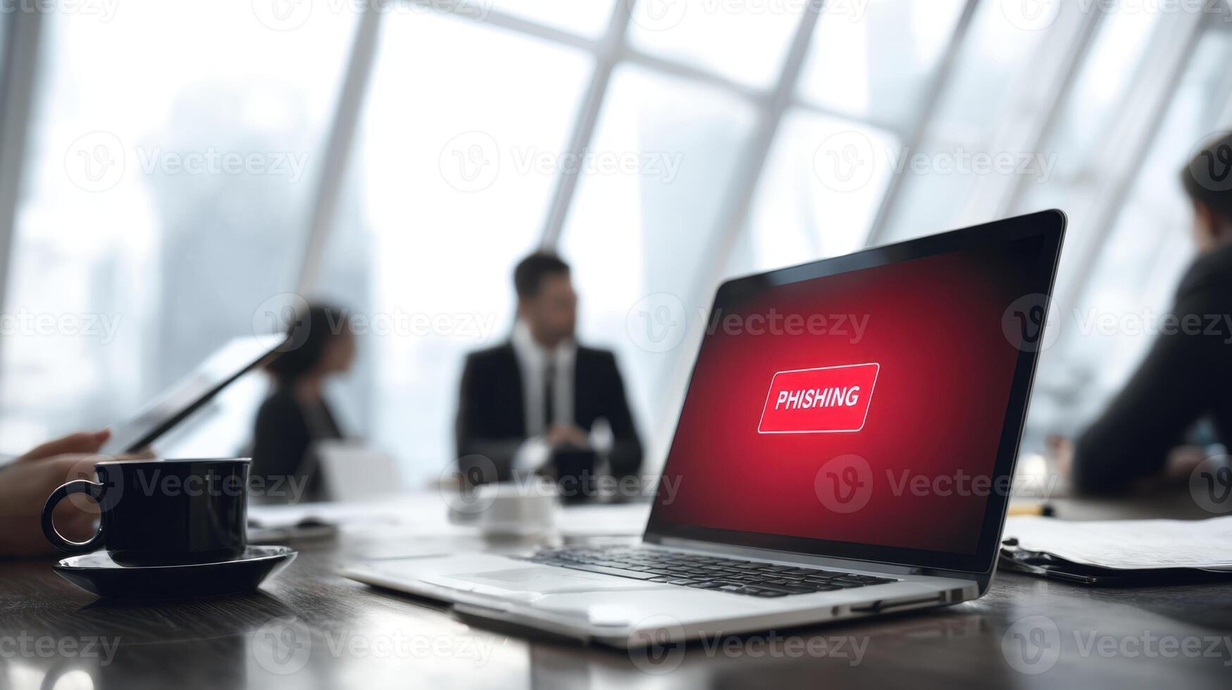 The laptop displaying a phishing alert in a modern business setting. photo