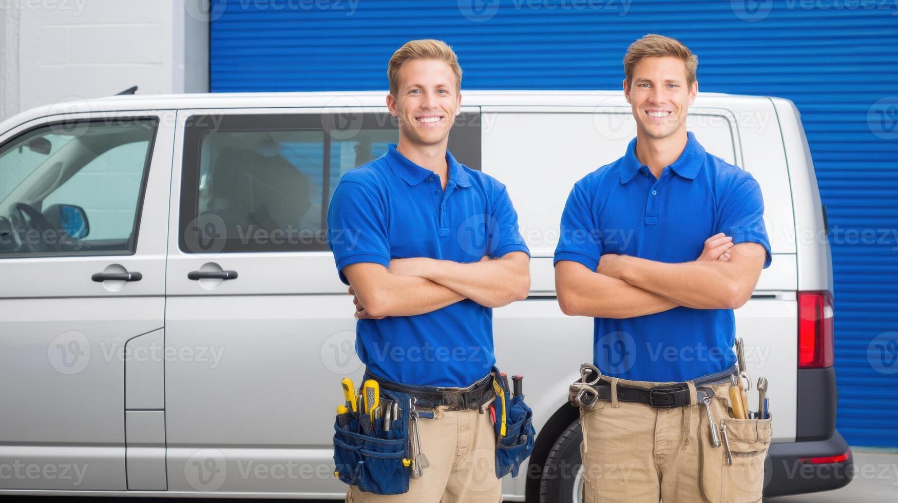 The professional service workers posing confidently beside a work van. photo