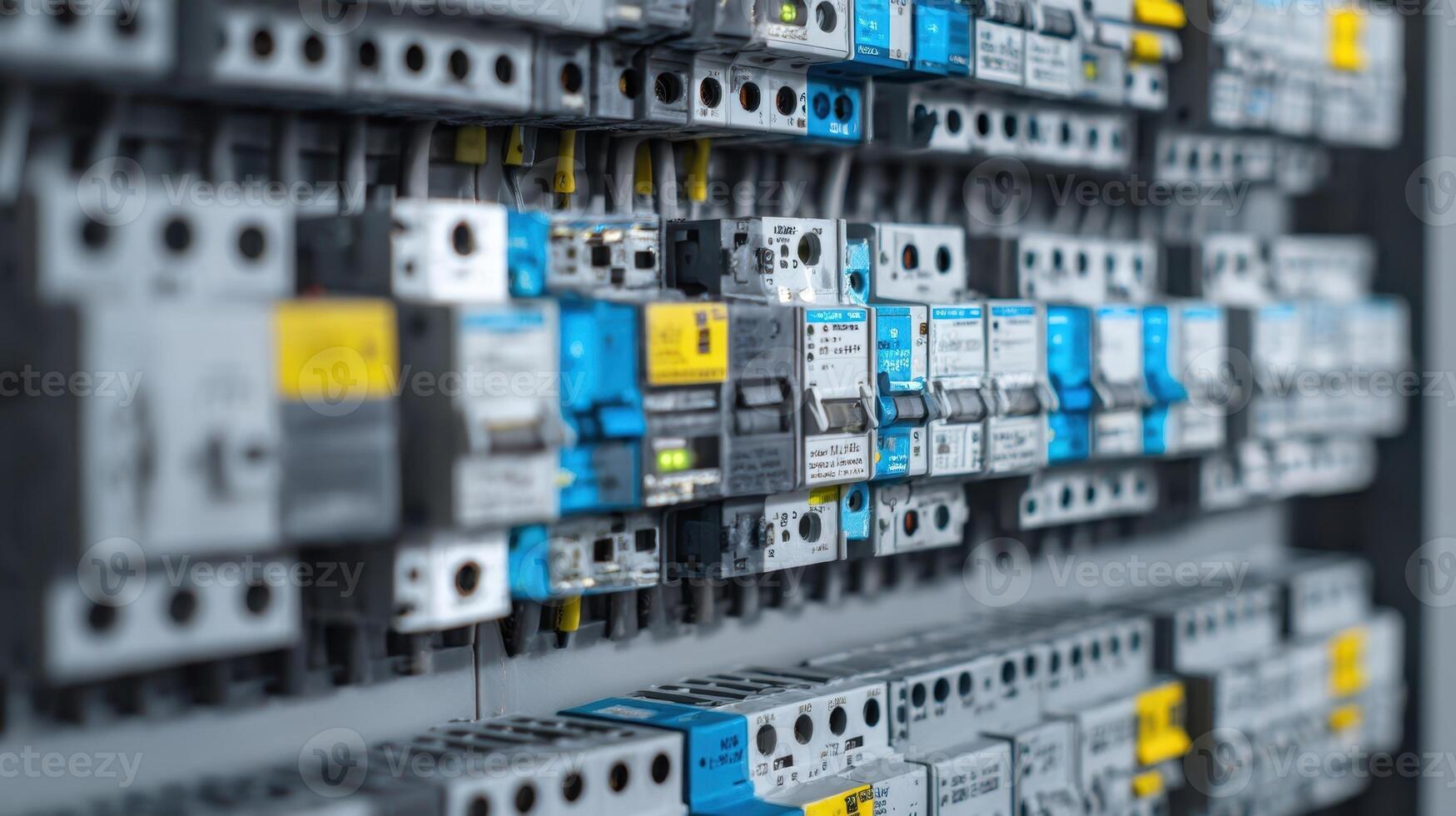The intricate layout of electrical components in a control panel. photo